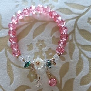Elegant Pink Beaded Bracelet with Floral Charm